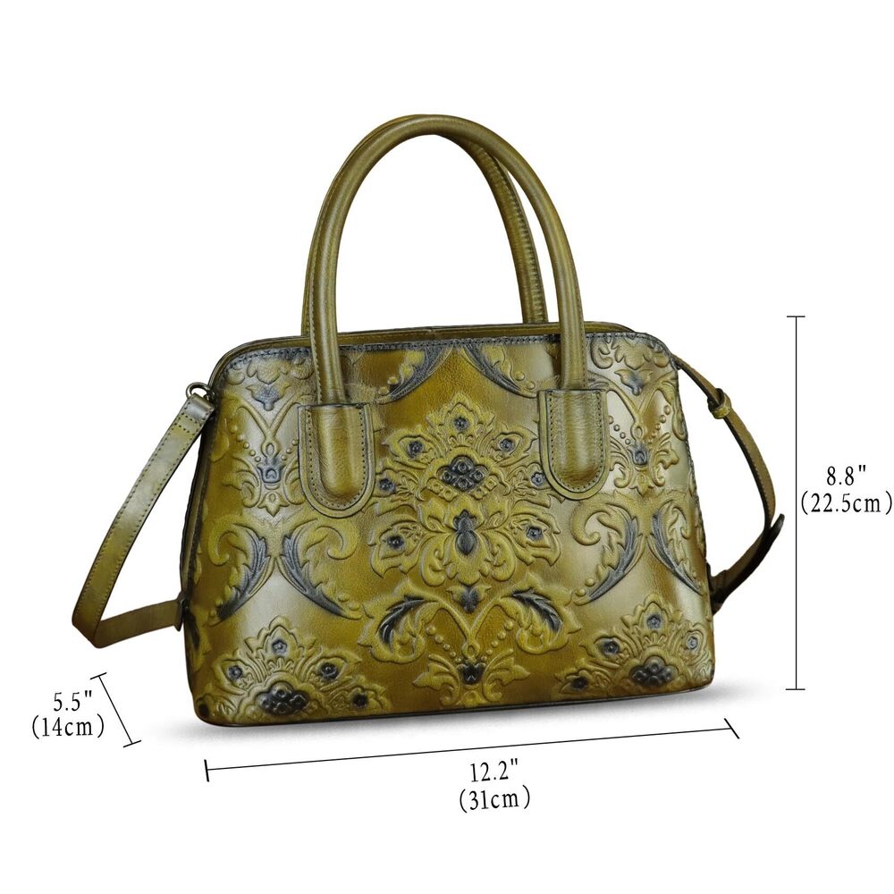 9937 Leather Handbag Top Handle Satchel Handmade Retro Embossed Leather - Picture 5 of 7